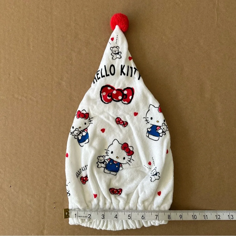 Sanrio Hello Kitty Cap Towel Bear Series Adult Size Dry Hair Towel Red Bows Pom
